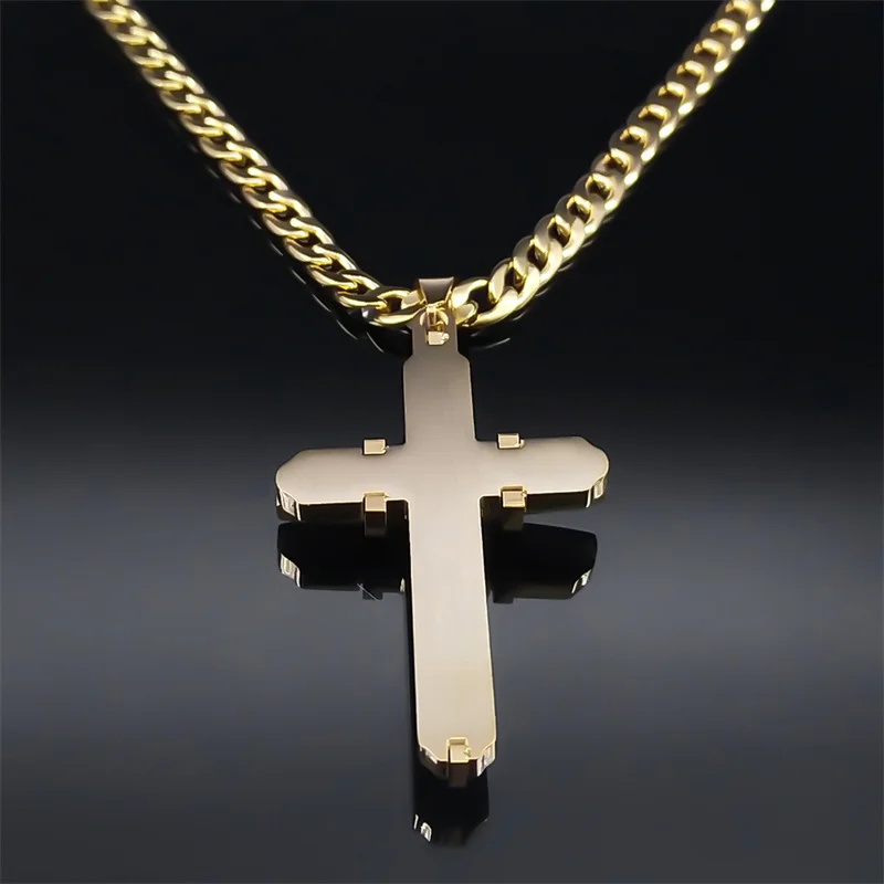 Men\'s Cross Male Crucifix Long Necklace for Women Stainless Steel Gold Plated Christian Long Necklaces Biker Jewelry N2341S03