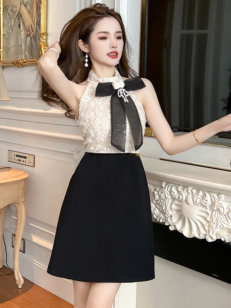 Vestido corto de noche de verano para Mujer, elegante, de lujo, elegante, agradable arco, sin mangas, ajustado, Mini Vestido acampanado para fiesta de graduación y cumpleaños