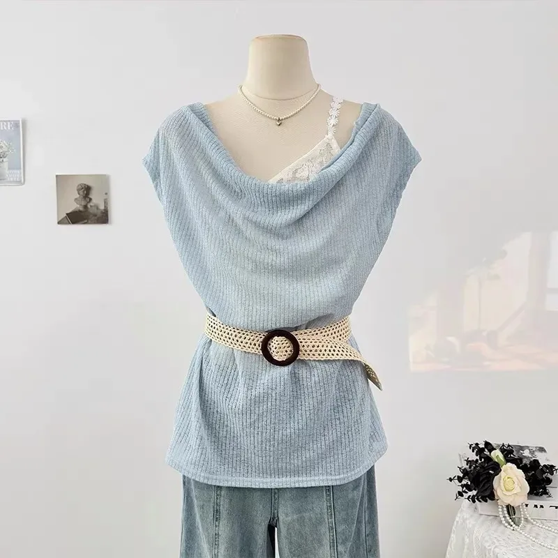 

Womens Beige Ribbed Knit Off Shoulder Top Cowl Neck Belted Slim Fit Casual Summer Blouse