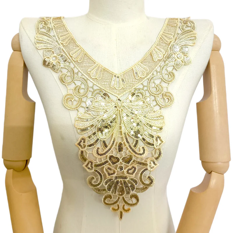 Gold Thread Beaded Embroidered Lace Fake Collar Polyester Openwork Embroidered Chest Yoke Ethnic Middle Eastern Trim Fabric