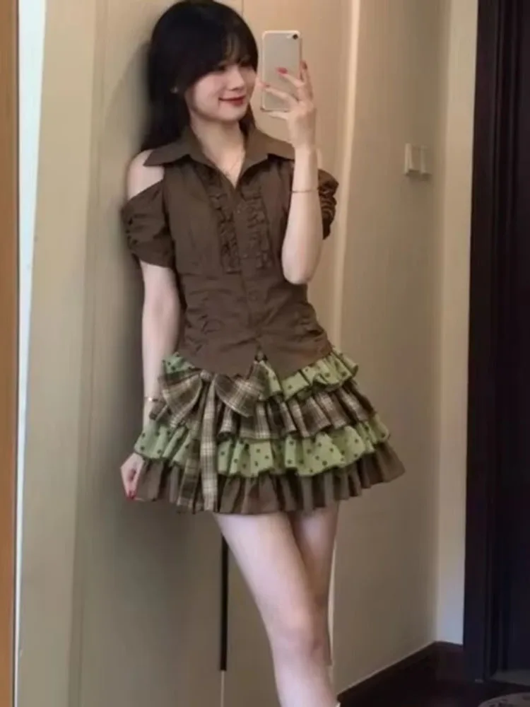 Japanese Y2k Vintage Two-piece Outfit Brown Cold Shoulder Blouse Tiered Ruffle Plaid Polka Dot Mini Skirt Casual Streetwear 2pcs