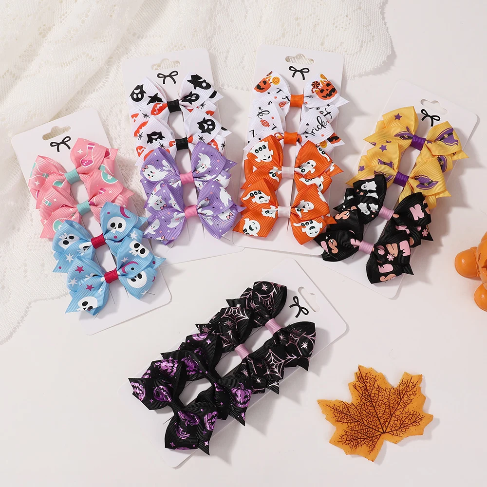 4 Stücke Halloween Band Bögen Haarspangen für Baby Mädchen Kopfbedeckung Geisterschädel Druck Haarklammern Haarnadel Ornament Haarschmuck