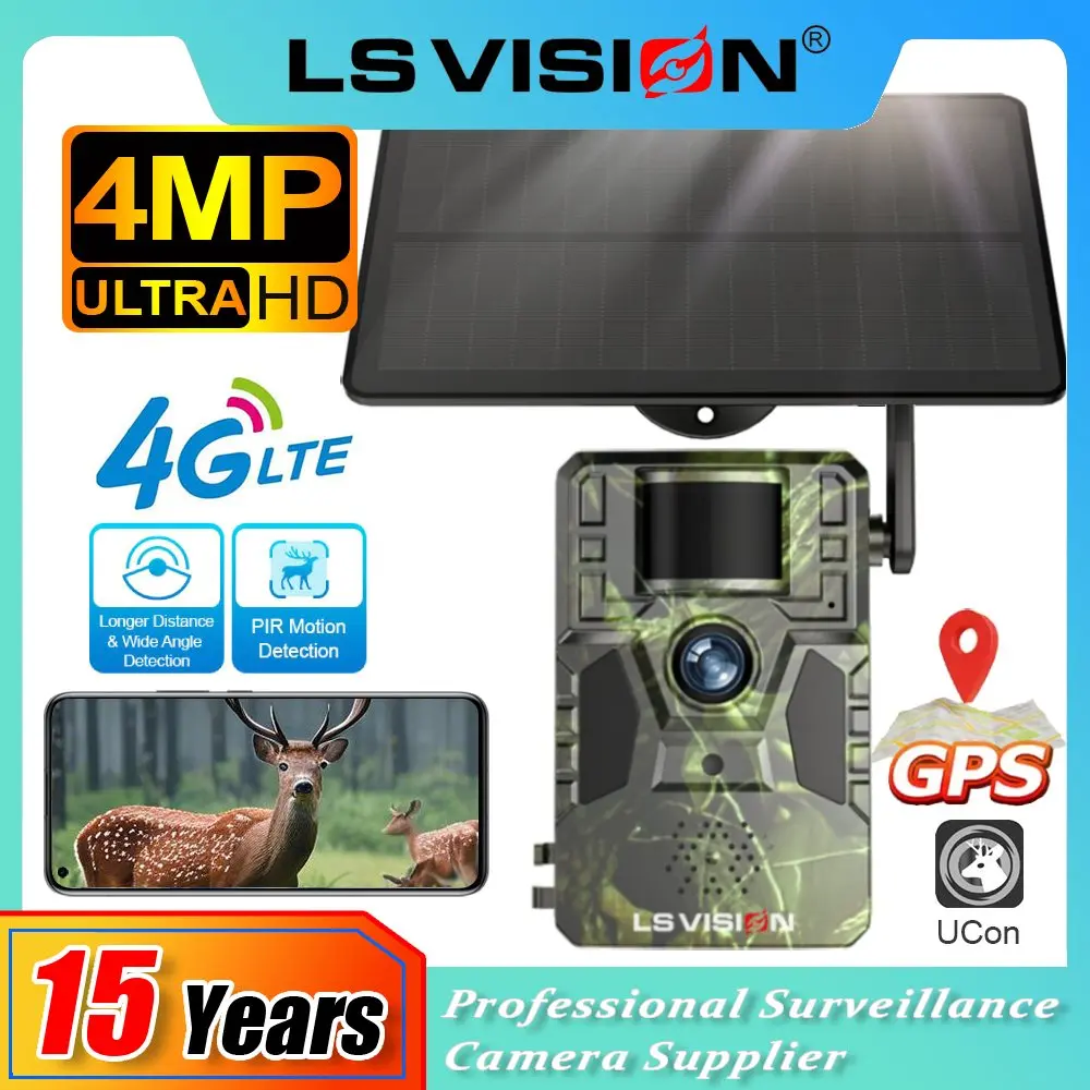 

LS VISION 4G SIM Solar Wildlife Camera 4MP 15M IR Night Vision GPS PIR Hunting Trail Camera With Solar Panel IP66 Security Cam