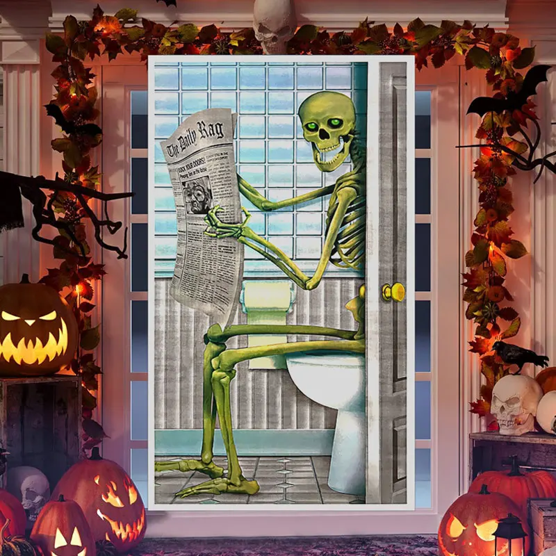 

Skeleton Reading A Newspaper Poster Self-adhesive Waterproof Door Sticker For Halloween Decor Bedroom Living Room Decor Murals