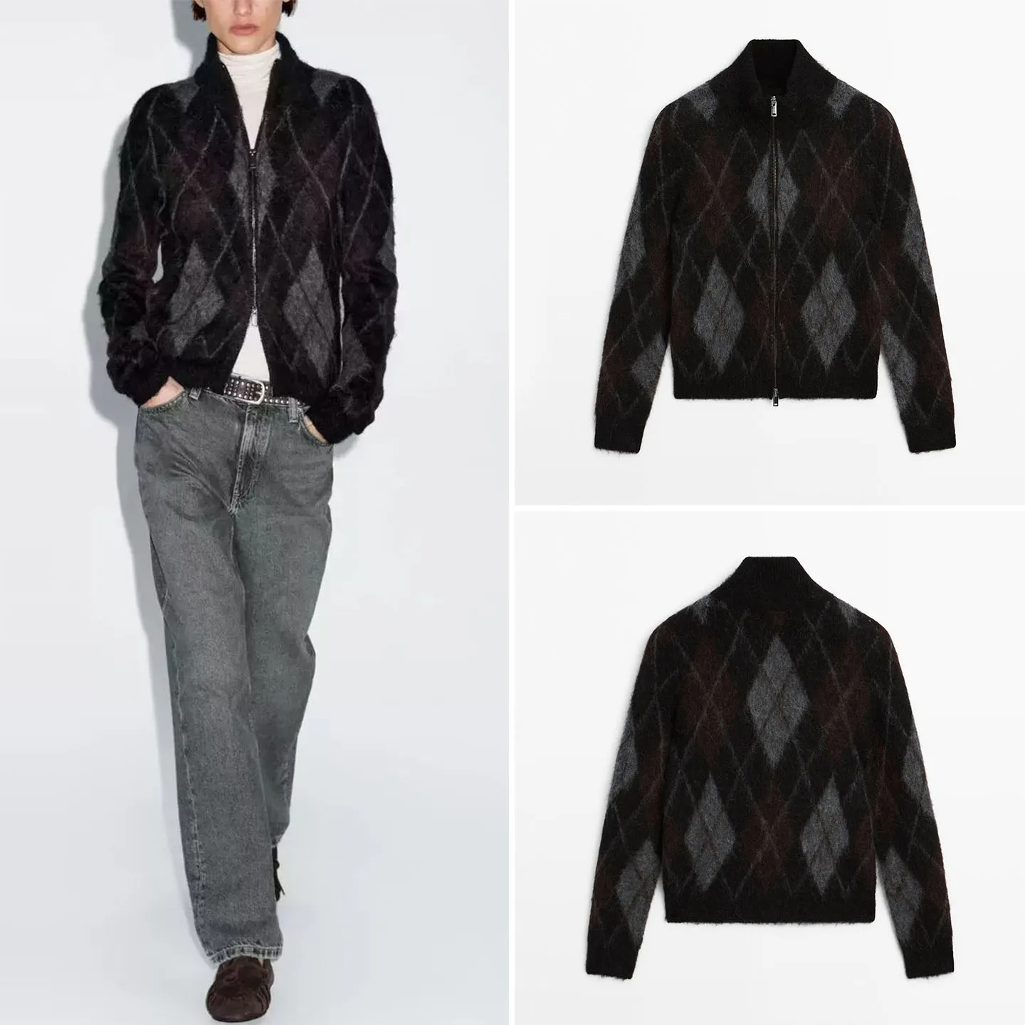 

Faionable Personalized Diamond Pattern Zipper Open Cardigan Women's Knitted Sweater Autumn 2025 New Arrival Z Brand