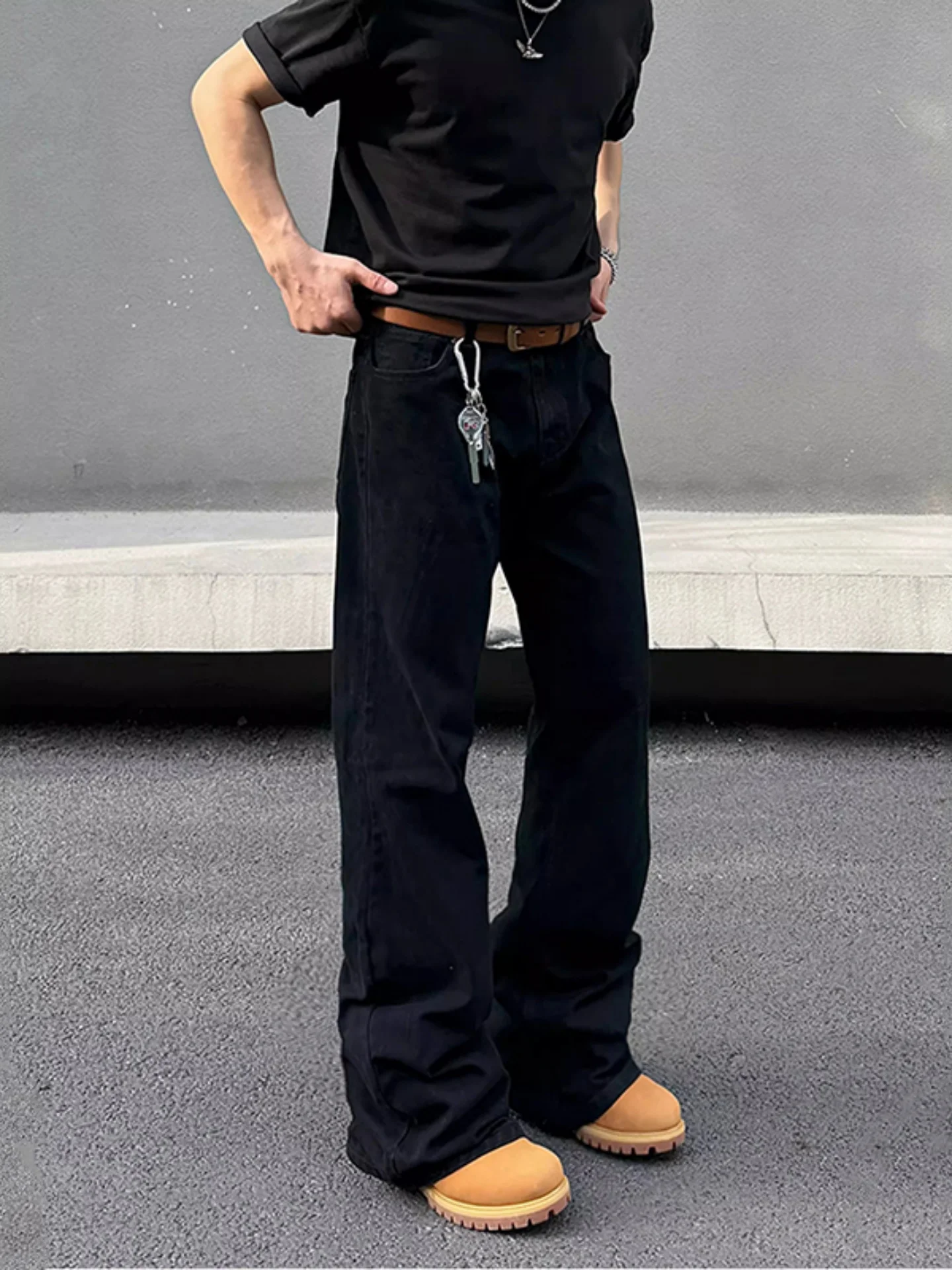 

Slim Fit American Style Distressed Straight Leg Jeans Men's High Street Long Pants Black Wide Leg Jeans Youth Summer Casual