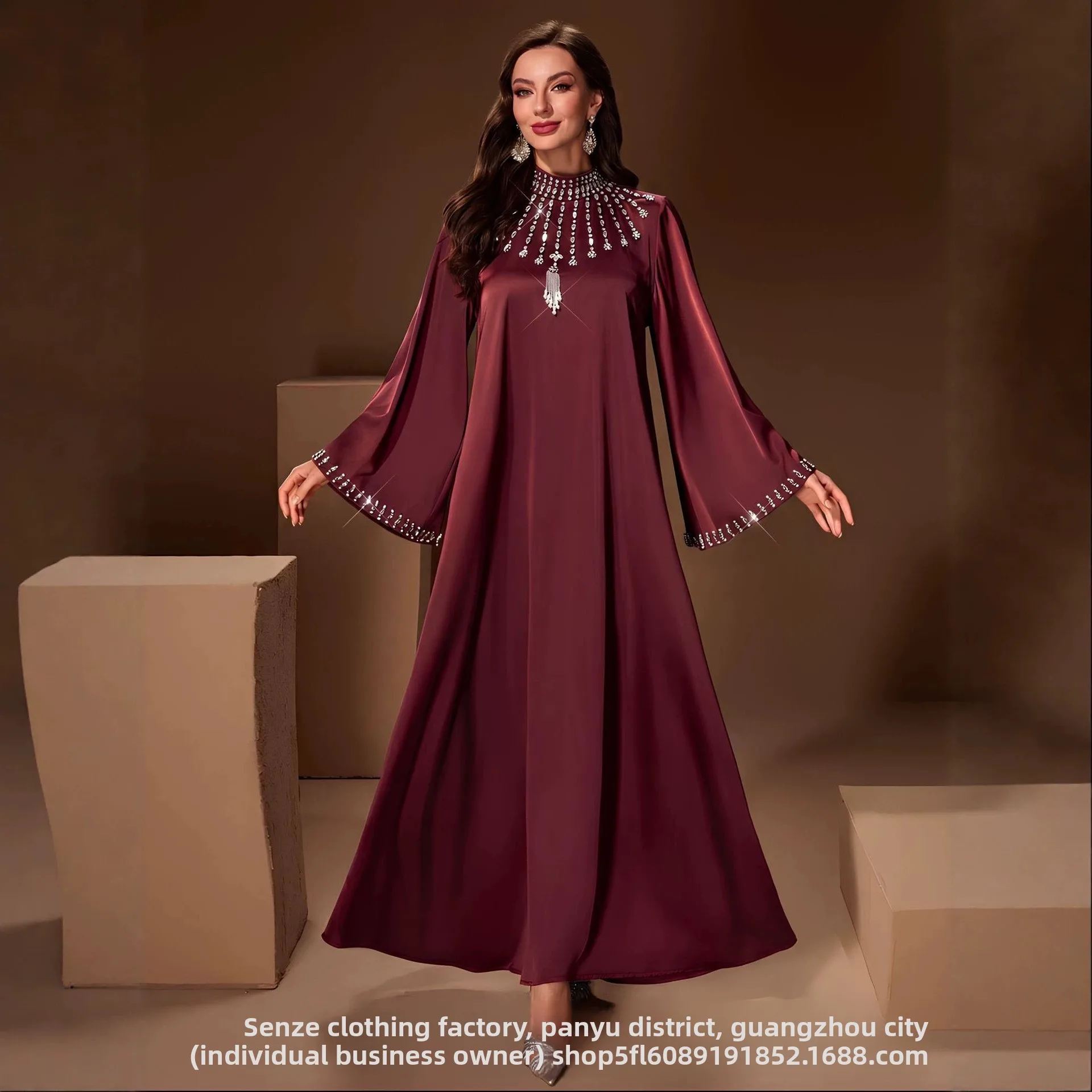 

2026 cross-border hot beaded satin dress loose and thin big swing dress banquet light luxury women's clothing