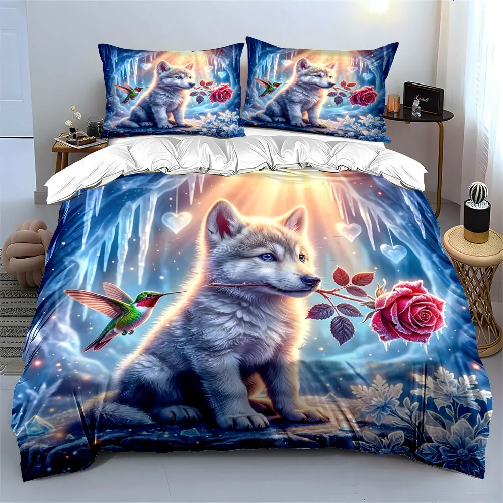 Frozen World Wolf Floral Bedding Print Bedding Set 1 Duvet Cover 2 Pillowcases for Adult and Children Luxury Gift Full Size