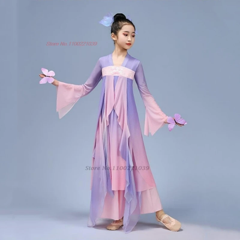 

2026 chinese vintage children dance costume gradient color mesh hanfu tops+pants set traditional stage performance practice