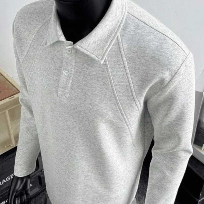 American Style Spliced Polo Neck T Shirt Men Heavy Weight Fall Undershirt