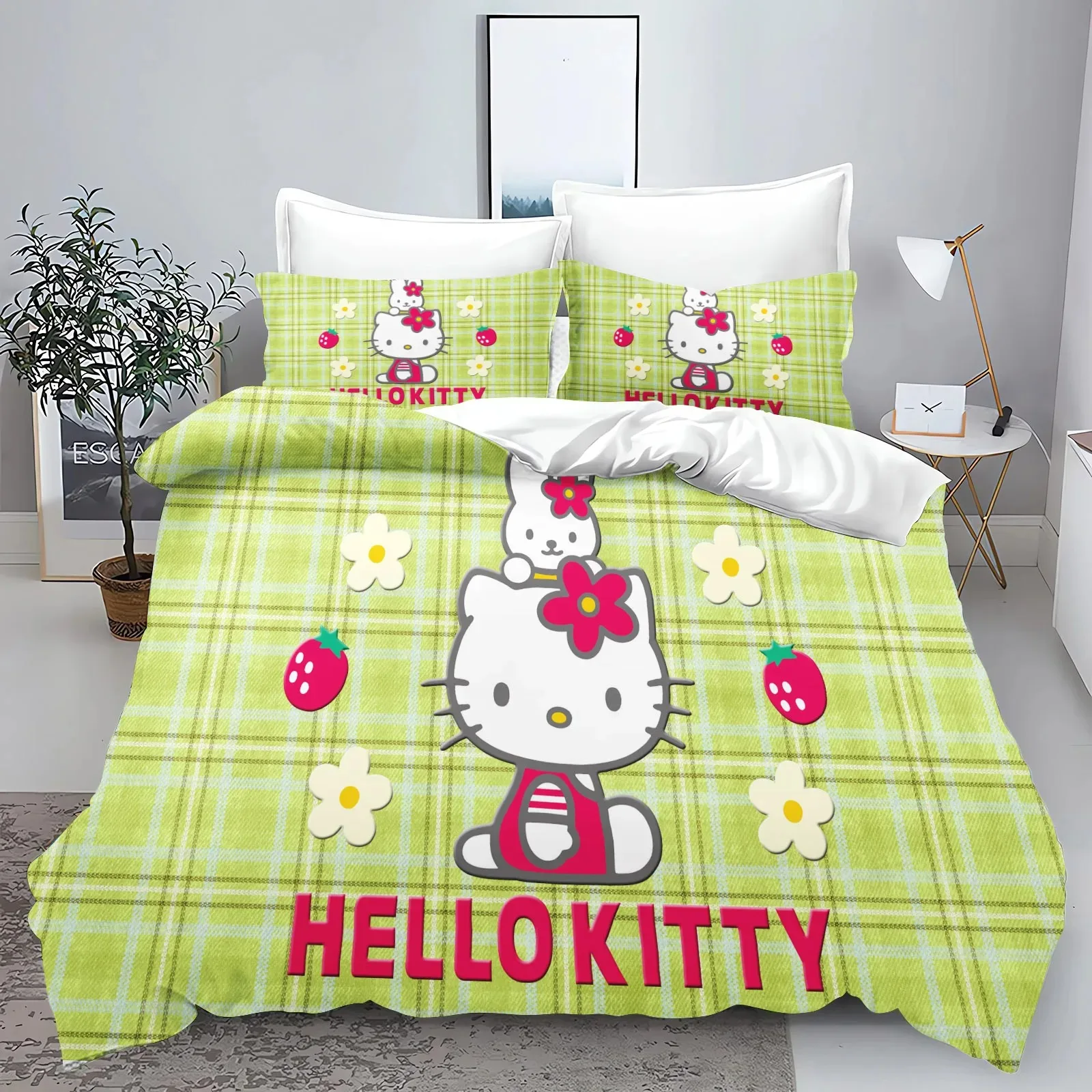 Hello Kitty 3D Printed Bedding Set 100% Polyester Duvet Cover Sets Twin Size Home Cartoon Anime Bed Sets for Kids