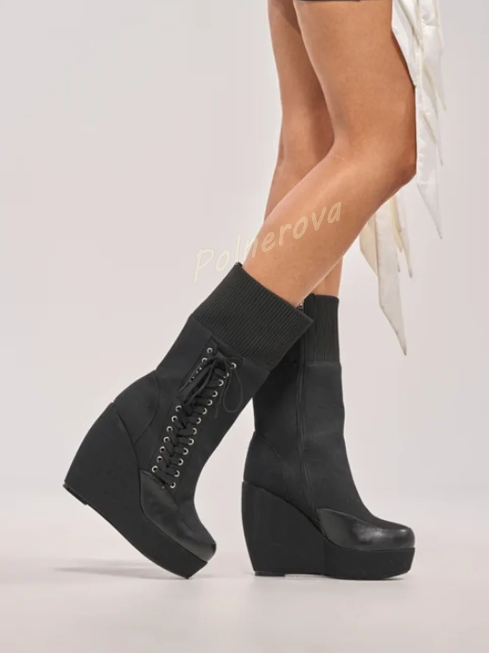 Knit Cuff Mid Calf Wedge Boots Women Platform Front Lace Up Round Toe Side Zipper Shoes Splicing Canvas Punk Fashion Party Boots