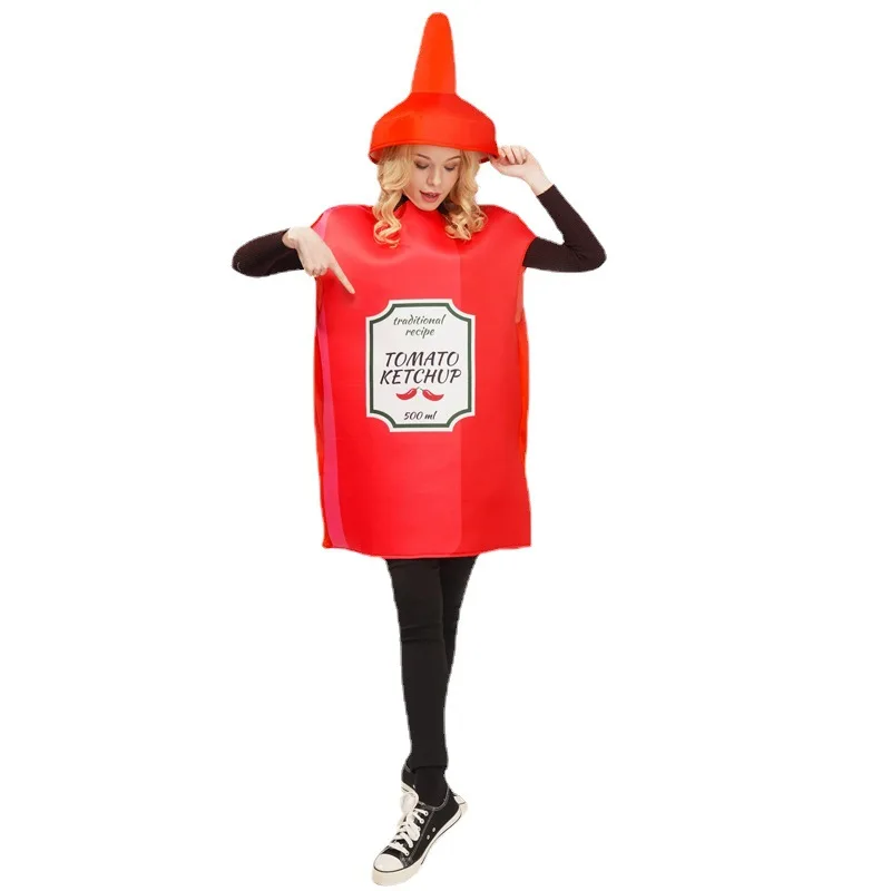 Costume de cosplay de couple pour hommes et femmes, moutarde épicée, ketchup, tenue de fête drôle imbibée d'Halloween, chapeau, vêtements de vacances