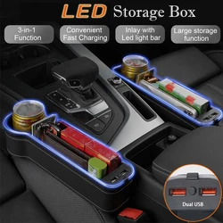 Colorful LED Light Car Crevice Storage Box with 2 USB Charger Seat Gap Slit Pocket Seat Organizer Card Phone Bottle Cups Holder