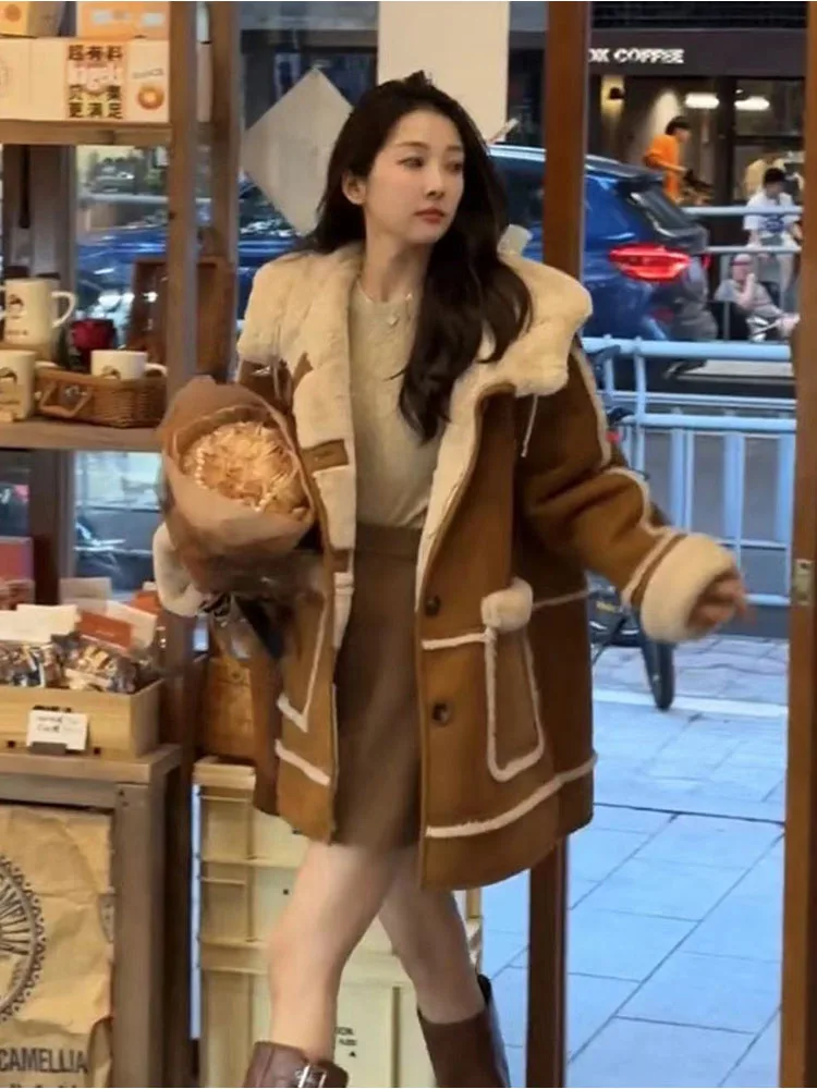

Lamb Fur Hooded Coat Female New Fall/Winter Loose Versatile Fur Coats Women Add Velvet And thickened Motorcycle Clothing Jacket