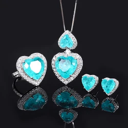 EYIKA Luxury Brazil Green Blue Paraiba Tourmaline Heart Pendant Necklace Ring Earrings Fusion Stone Jewelry Set Gift for Women