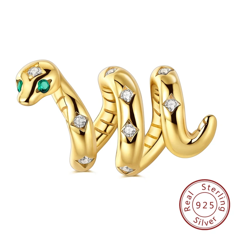 

Original 100% 925 Sterling Silver Sparkling Golden Snake Dangle Charm Fits Bracelet & Necklace For Women Fashion Jewelry