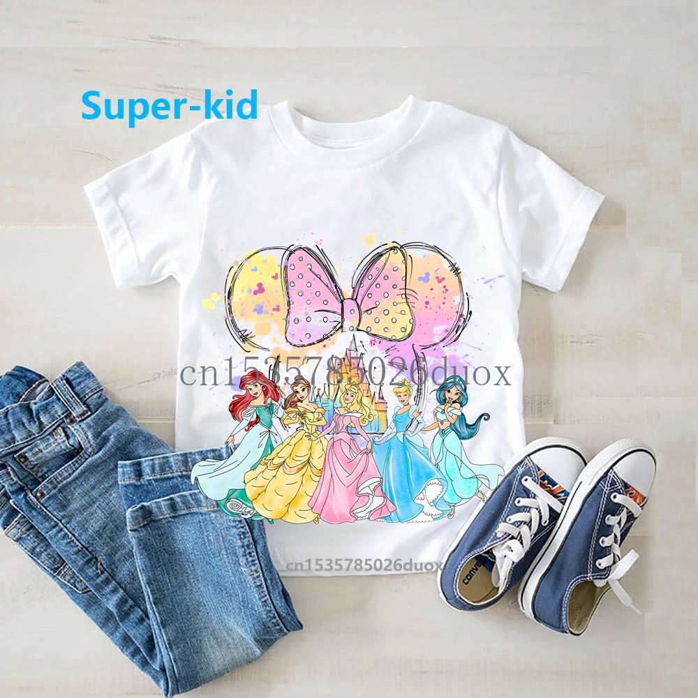 السحرية ديزني القلعة المائية الأميرة Kawaii فتاة قصيرة الأكمام التي شيرت ديزني الأميرة حسناء ارييل سندريلا أورورا طفل المحملة