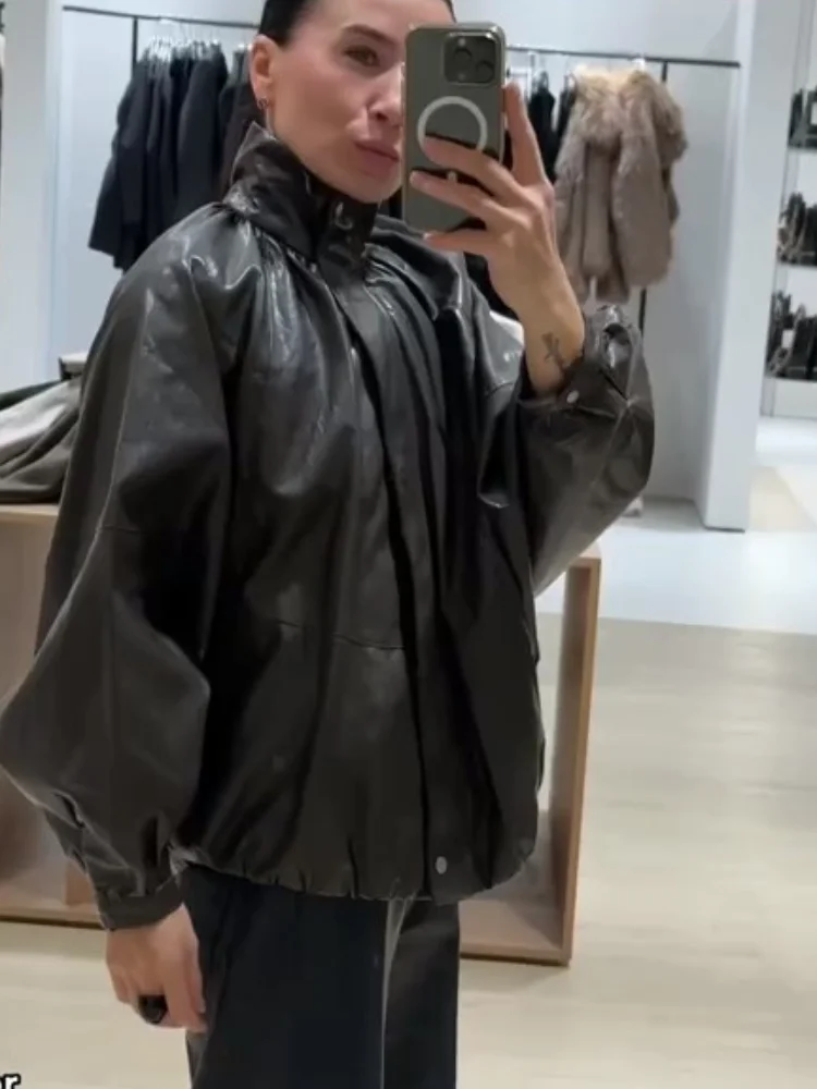 Giacca casual in pelle con mantella con maniche a pipistrello Colletto alla coreana da donna Cappotti bomber monopetto con cerniera a maniche lunghe Cappotto da strada quotidiano da donna