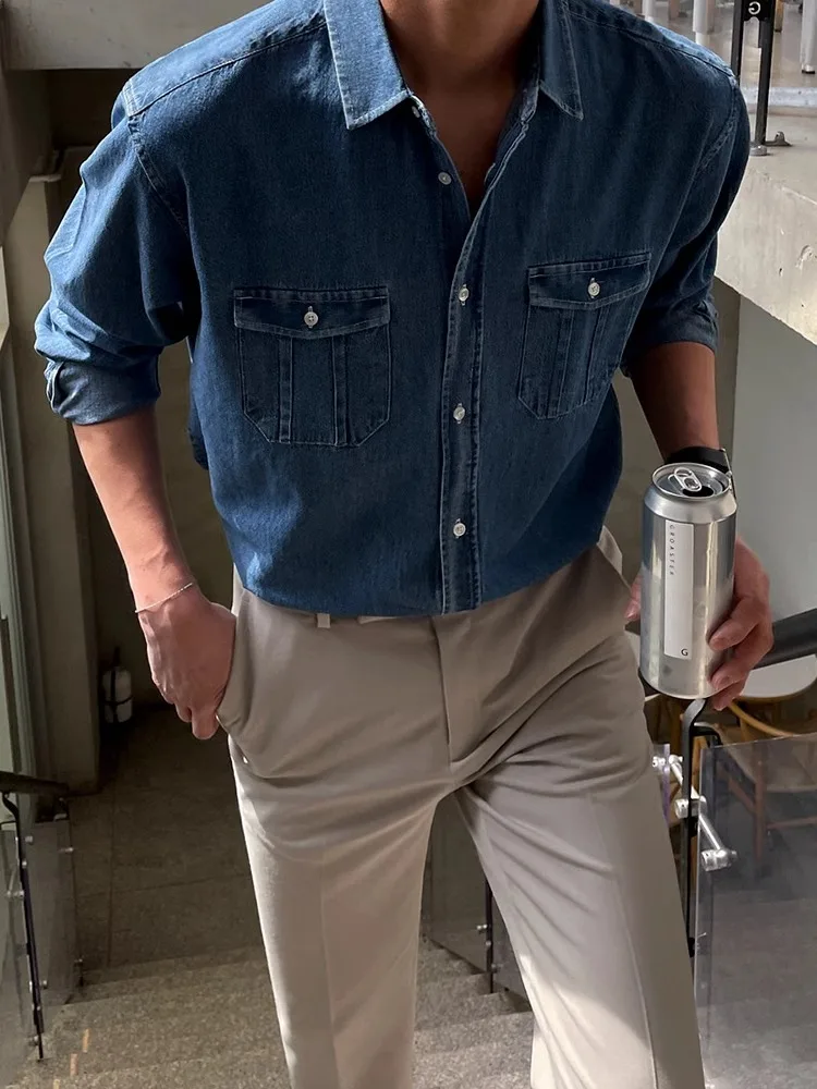 

Casual Long Sve Men's Denim irt Hong Kong Sle Faionable Retro Korean Version Simple Matching Youthful ular Loose Fit