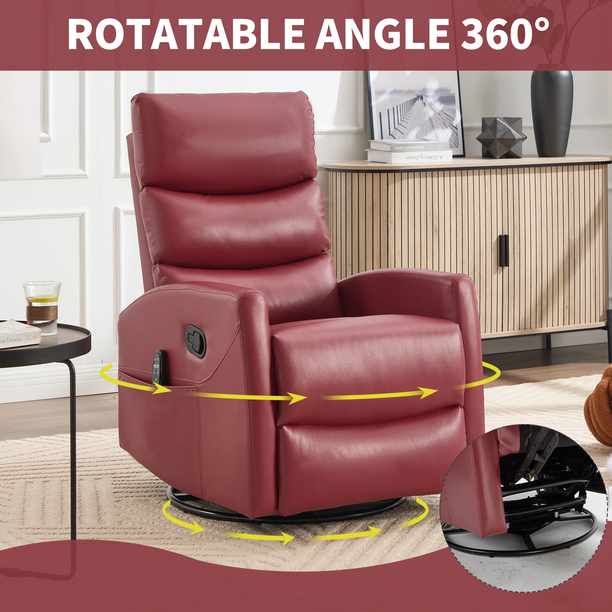 Red Fabric Manual Recliner Chair, Heat Massage & Rocker Swivel, Living Room Lounge Chair view 5