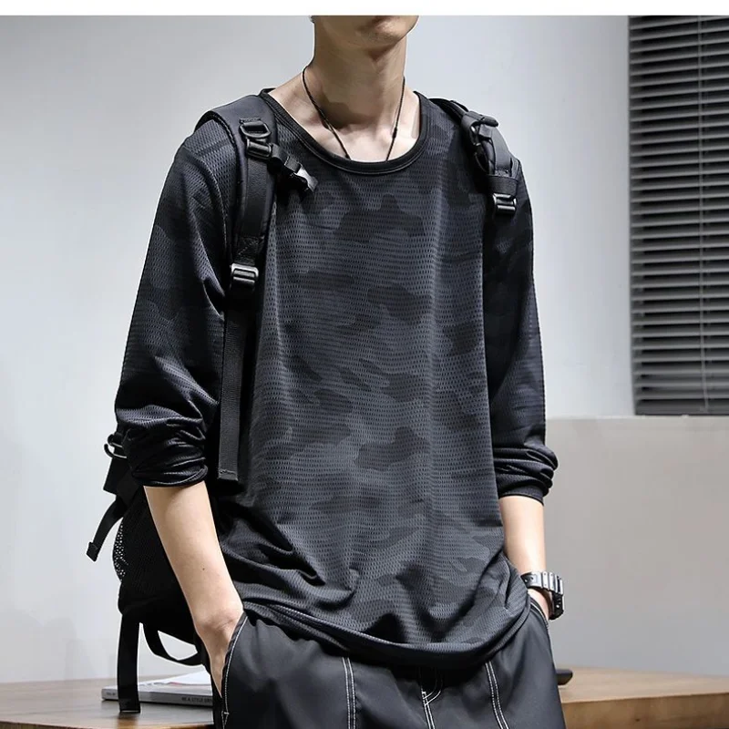 Quick Drying Ice Silk Long Sleeved T-shirt Men\'s Loose Round Neck T-shirt Summer Thin Sportswear Handsome All-match Male Top