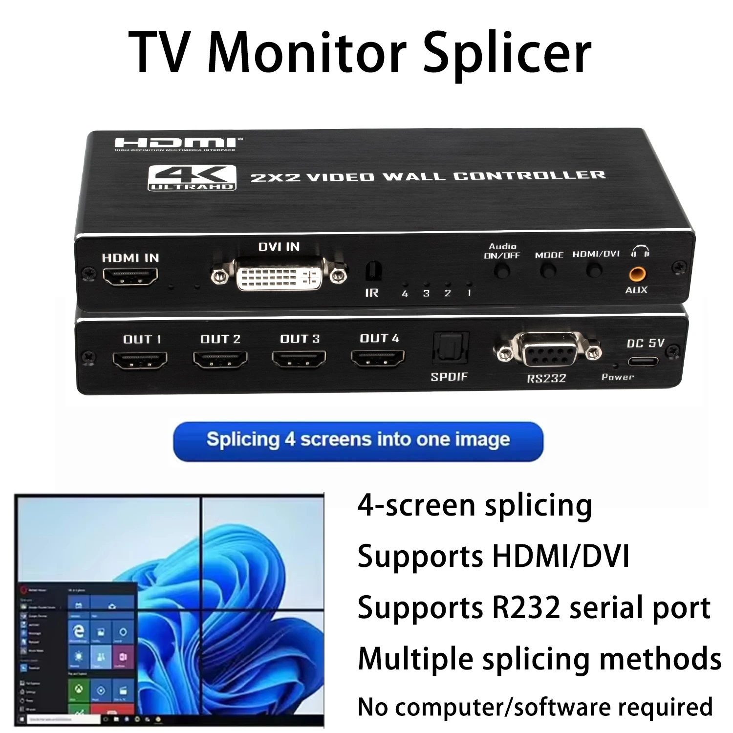 4K 2x2 Video Wall Controller TV Splicing Box Processor 1080P 1x2 1x3 1x4 2x1 for HDMI DVI 4 Screen Splicer Edge Adjustment RS23