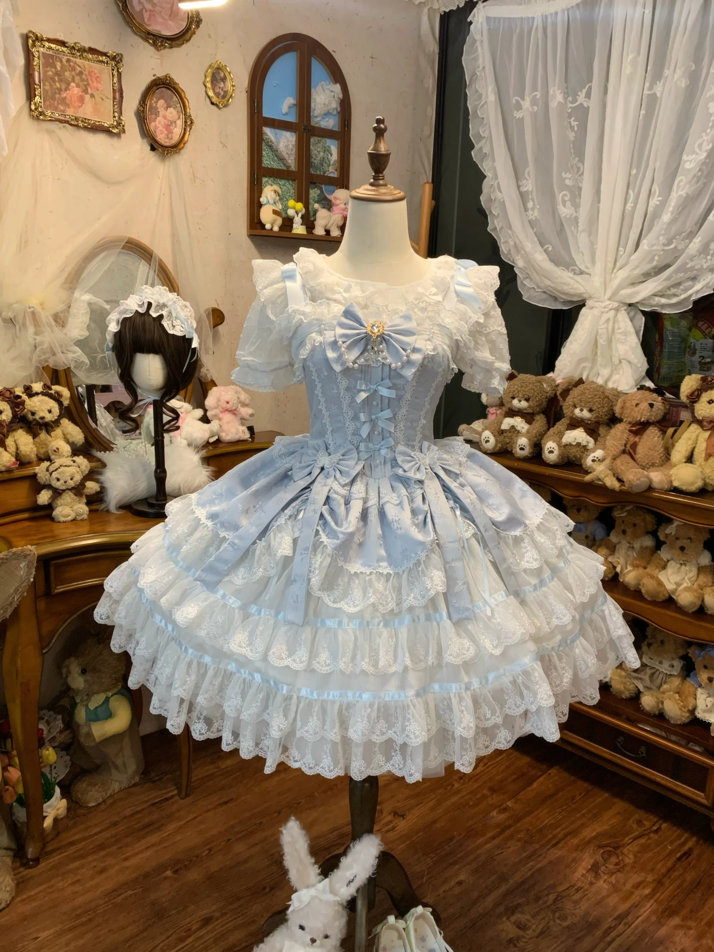 Gaun Lolita Biru Gaya Balet dengan Pita Manis JSK Gaun Tali untuk Wanita 2025 Gaun Kue Renda Jepang Baru