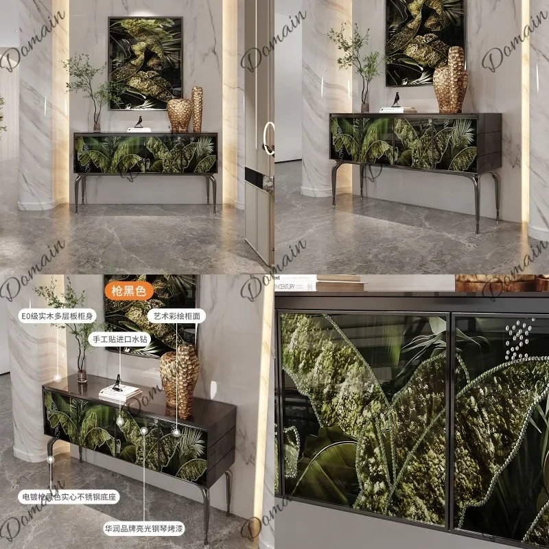 T81 French Luxury Sideboard Cabinet For Living Room Wall Decor Storage Cabinet Crystal Diamond Art Painted Entryway Console Tabl