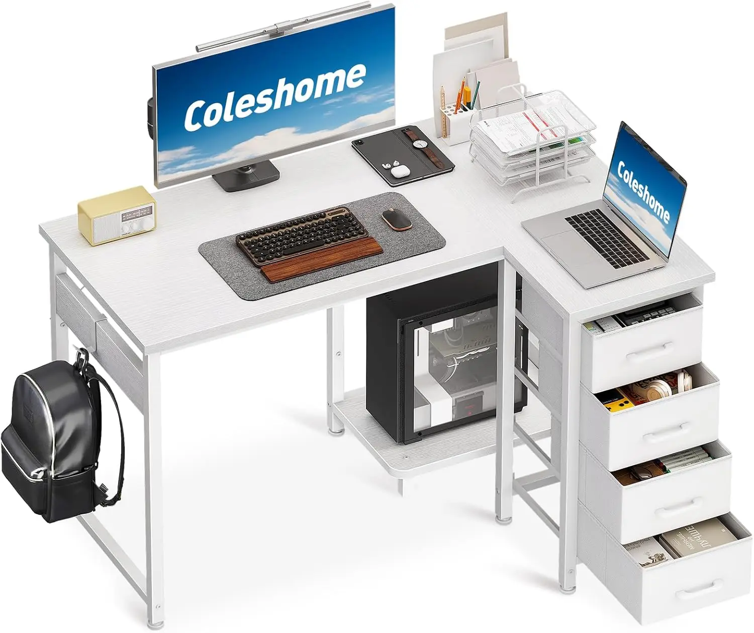 Coleshome Eckschreibtisch, Schreibtisch L Form mit 4 Schubladen, Umkehrbarer Computertisch for Büro Arbeitszimmer Schlafzimmer,  100x70cm, Weiß