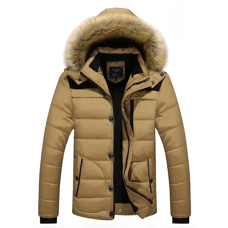 Parka quente grossa forrado de lã masculina, capuz destacável, casaco de gola de pele, jaqueta de pelúcia masculina, à prova de vento, outono, inverno, trabalho, novo