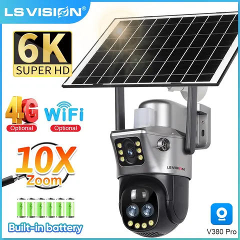 LS VISION 6K 4G Wifi Solar Camera 10x Zoom Three Lens PTZ Outdoor Surveillance CCTV IP Camara Ai Tracking Wifi Security Cam V380