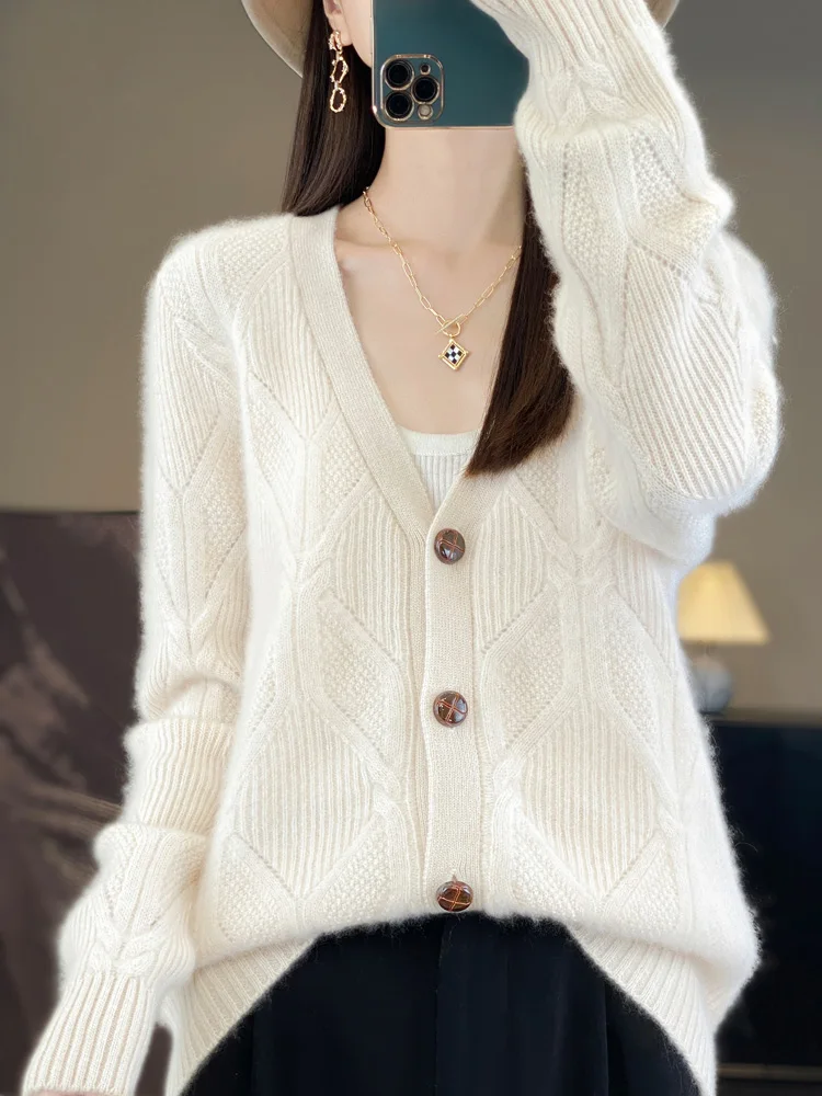 

Autumn Winter Knitwear 100% Merino Wool Women Sweater V-Neck Symmetric Pattern Solid Color Cardigan Long Sleeve Casual Tops