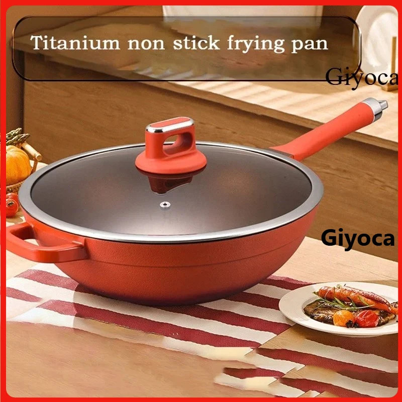 

Сковорода Giyoca Wok с антипригарным покрытием, алюминиевая кастрюля с титановым покрытием и крышкой, ручка с защитой от ожогов, сковорода большой емкости, точечные товары