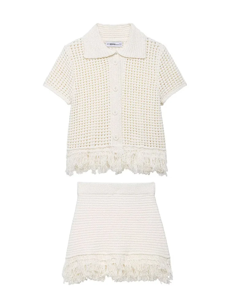 

Koekop Женские модные комплекты из 2 предметов с кисточками Бежевый однобортный свитер и винтажная юбка с эластичной резинкой на талии Женские юбки Комплект