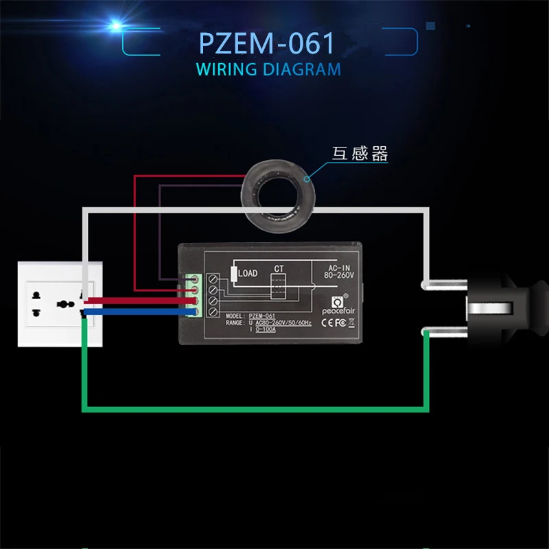 AC 80V-260V 100A Digital LCD Display Voltmeter Ammeter Wattmeter Power Energy Meter Multimeter PZEM-061 Energy Voltmeter Ammeter