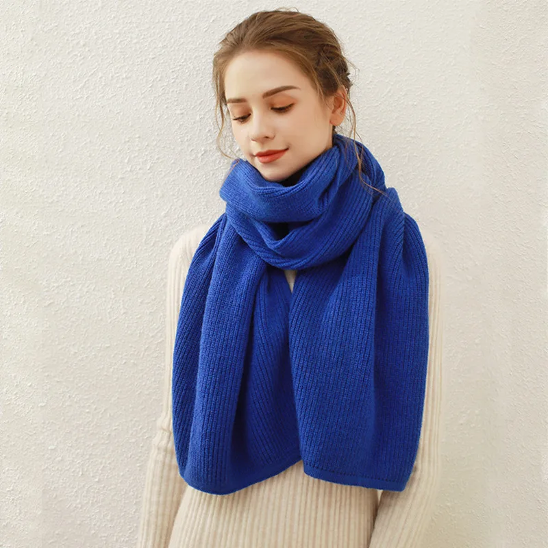 Pure Color Rib Knit Scarf Female Cashmere Warm Long Muffler Winter Woolen Yarn Scarves Women 170cm