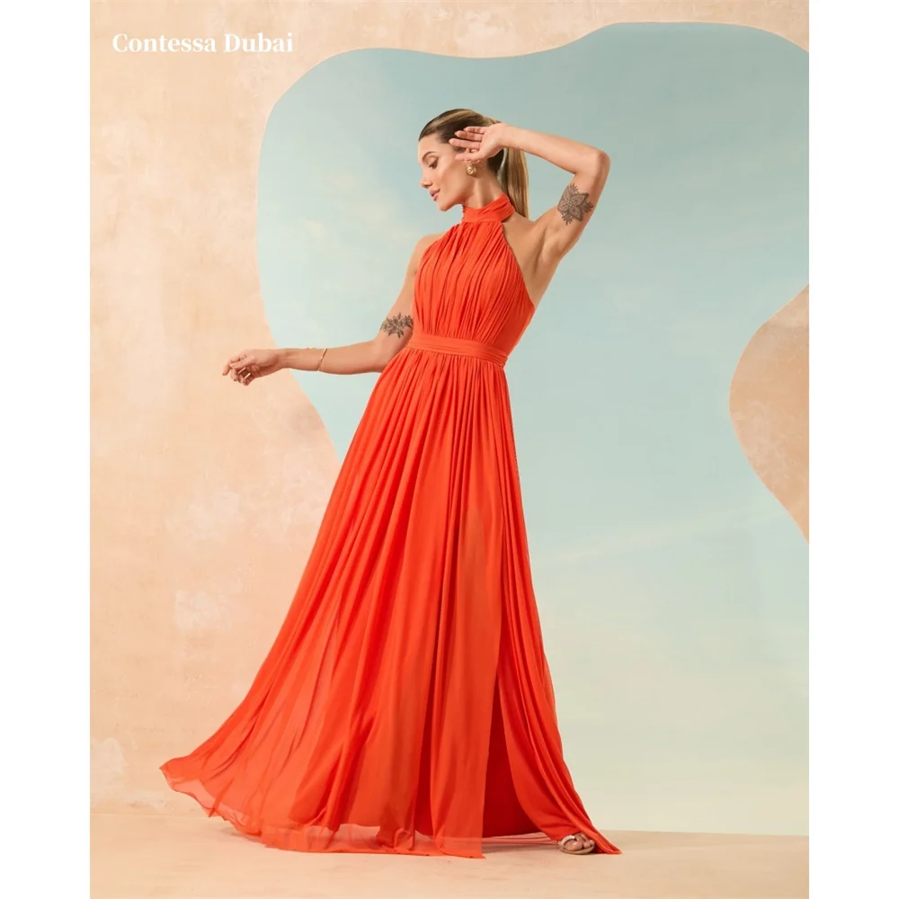 

Contessa Dubai Orange Halter Neck A-line Prom Dresses Draped Customized فساتين سهرات Sleeveless Sweep Train Evening Dress 2025