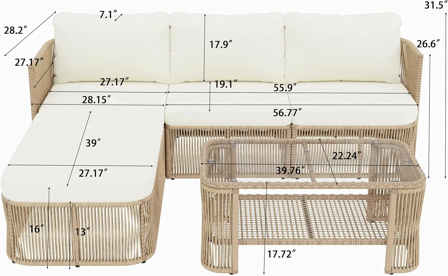 Four Piece Patio Furniture Set L Shaped Outdoor Wicker Modular Sectional Sofa Thick Cushions Glass Top Coffee Table Rattan Conve