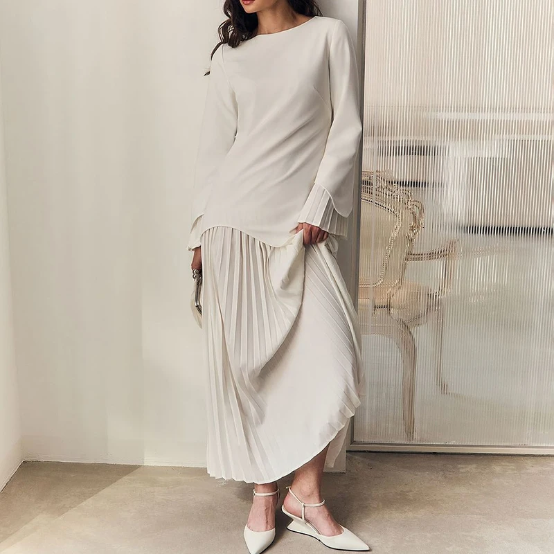 Office Fashion Patchwork Solid 2Pc Suit Women Casual Commuter Loose Outfits Elegant O-neck Long Sleeve Top & Pleated Skirt Sets