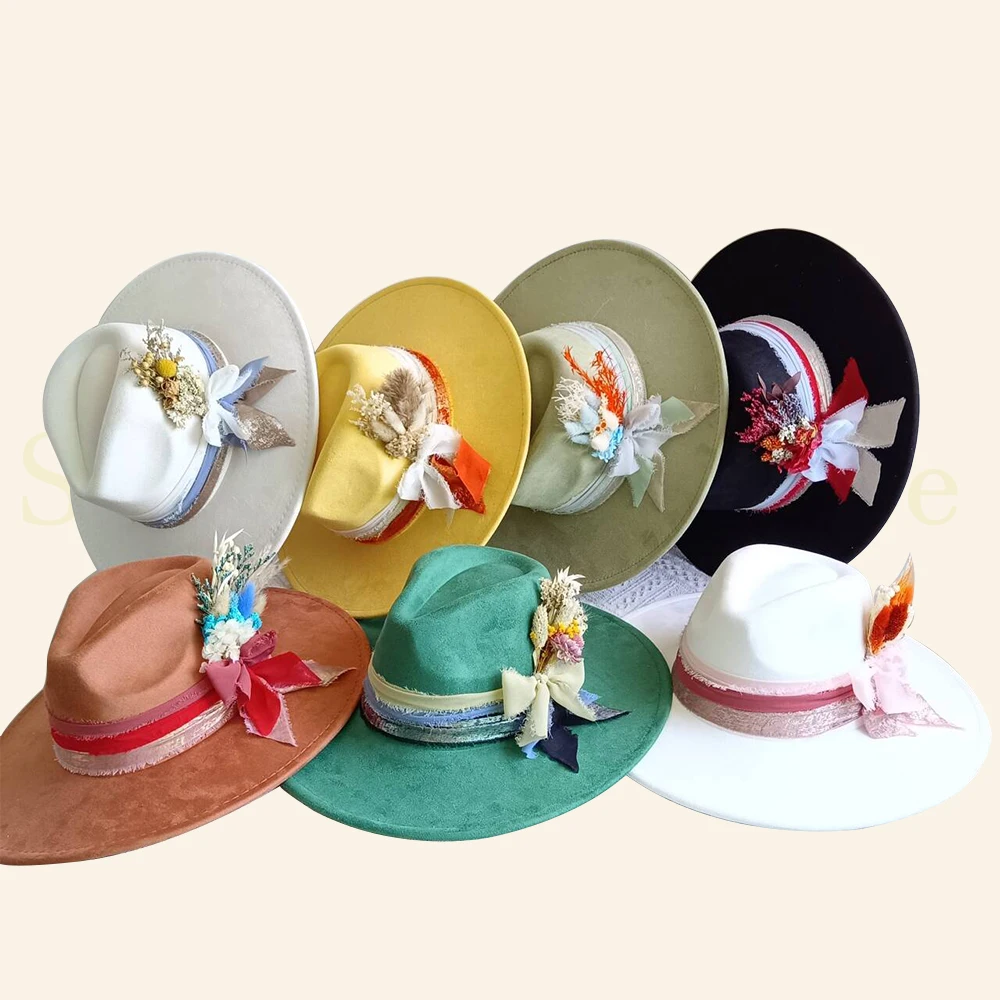 

Suede Fedora Bohemian Style Western Wedding Floral Bridal Hat Fashion Elegant Party Hat Autumn Winter New