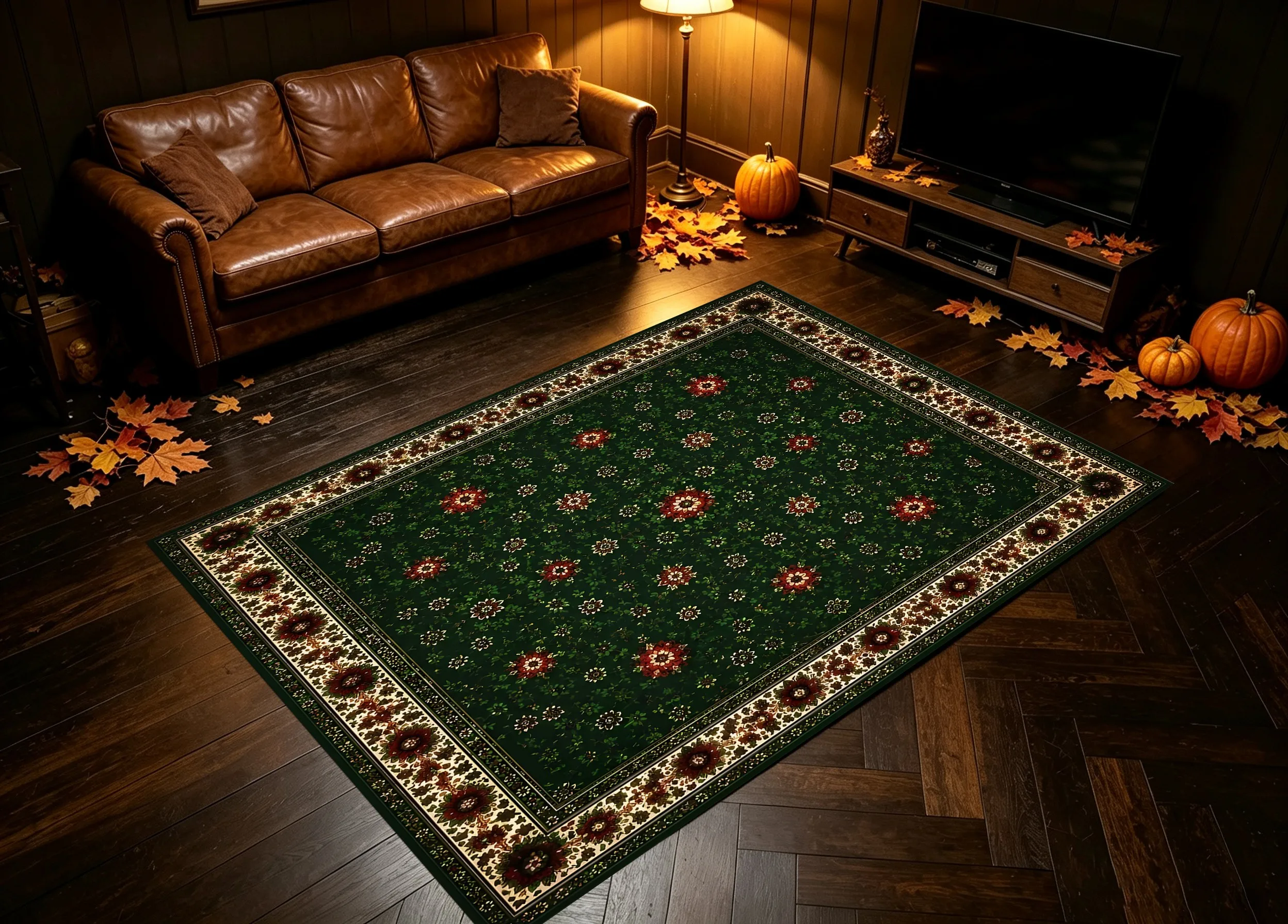 Dark Green Retro Floral Ethnic-Style Velvet Rug, American Retro Style, Suitable for Christmas and New Year, Living Room, Bedroom, Bedside, a Top Choice for Warm Autumn and Winter Soft Furnishings
