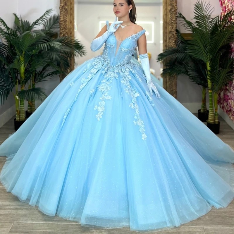 

Небесно-голубое блестящее платье Quinceanera с открытыми плечами и аппликацией, кружевное тюлевое платье с бисером для вечеринки, дня рождения, сладкое платье 16, Vestidos 15 Anos