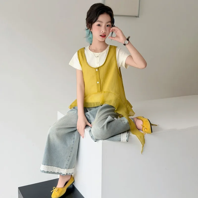 Girls Suit Summer 2026 Short Sleeve T-Shirt Yellow Ruffle Vest And Lace Wide Leg Jeans Three Piece Set Children's Clothing