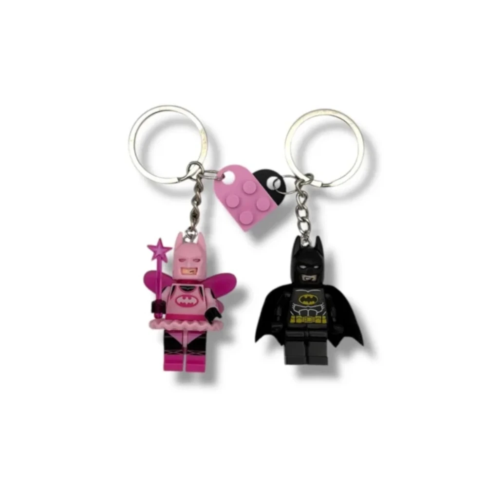 Matching Couple Keychains: Black Batman & Pink Fairy Batman Minifigure Pendants with Interlocking Heart Building Blocks