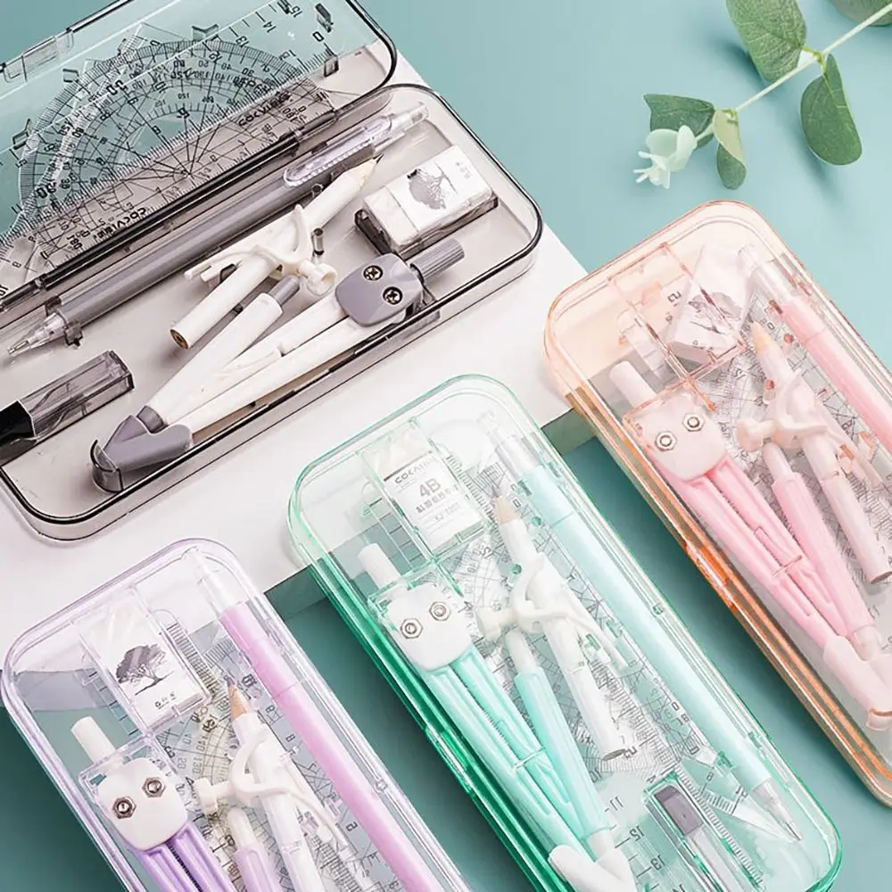 9 teile/satz multifunktion ale transparente Lineal Set Radiergummi Set quadratischen Bleistift Kompass Kit Kunststoff Druck bleistift Winkelmesser Studenten