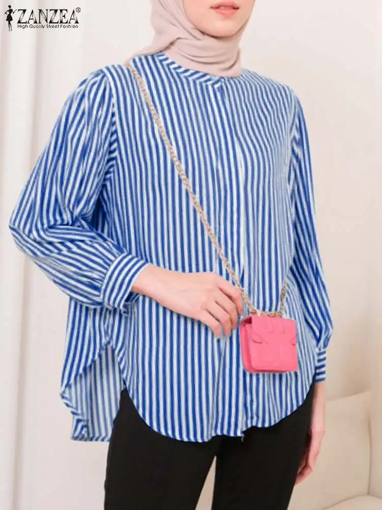

ZANZEA Women Stripe Blouse Spring Long Sleeve O Neck Casual Loose Muslim Tops Elegant Work Shirt Casual Buttons Up Blusas Femme