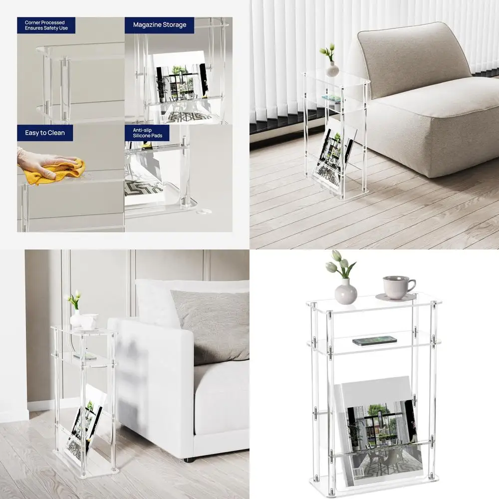 

Прозрачный акриловый 3-ярусный узкий приставной столик с подставкой для журналов для компактных помещений