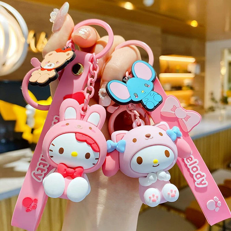 Kawaii مرحبا كيتي الشكل المفاتيح مفتاح قلادة عصابة دمية حقيبة حلية اكسسوارات الفضاء سلسلة أنيمي الإبداعية الفتيات الهدايا