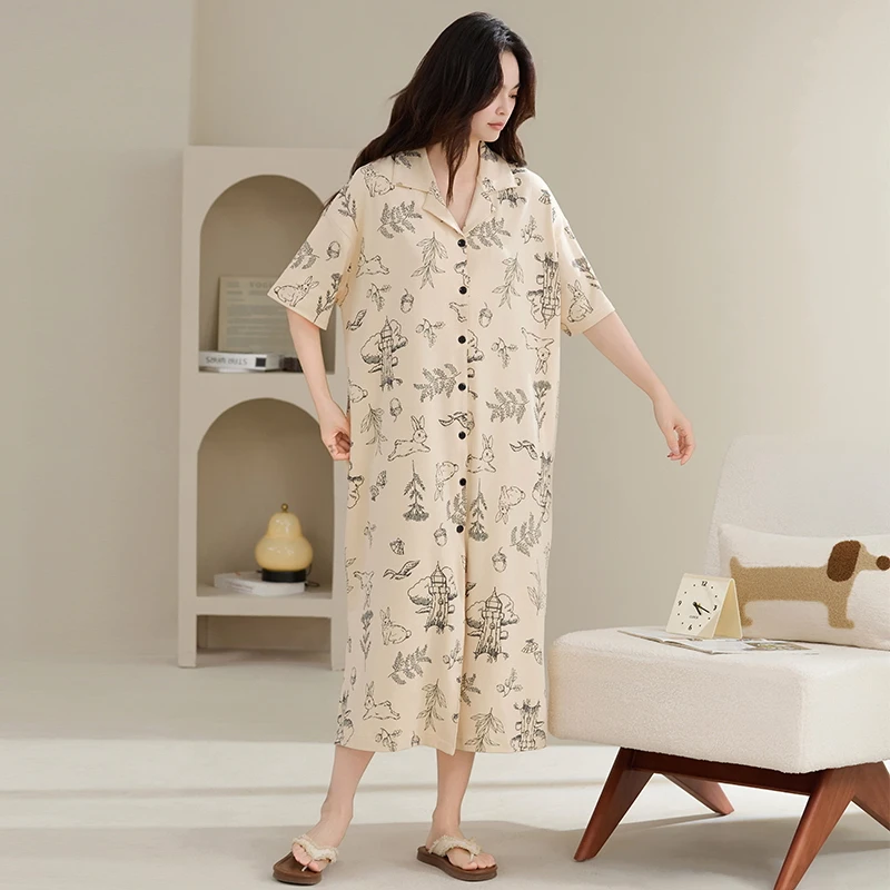 Baju Tidur Wanita Lengan Pendek M-4XL Terbaru Baju Tidur Wanita Kerah Lipat 100% Katun